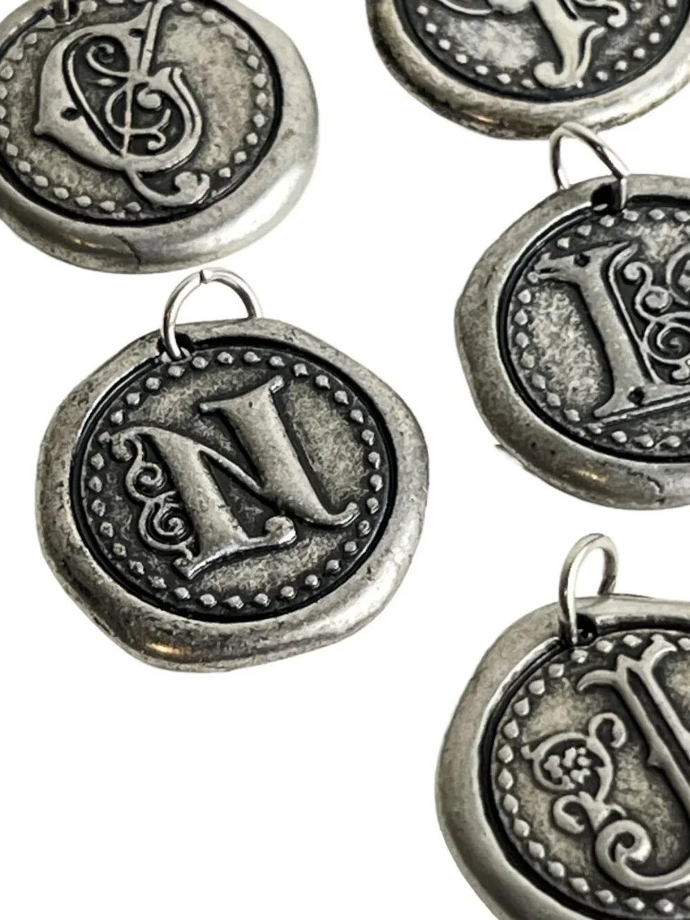 8 Vintage Wax Seal Initial Charms – Antique Silver Monogram Letter Pendants